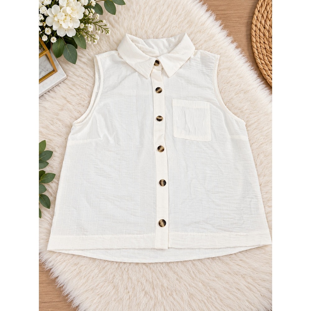 Women's White Sleeveless Button Up Sheer Crop Size Small